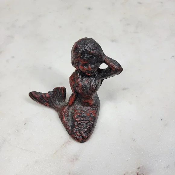 Vintage Heavy Cast Iron Mermaid Figurine 2.5" Nautical Coastal Decor Whimsigoth - Picture 2 of 10